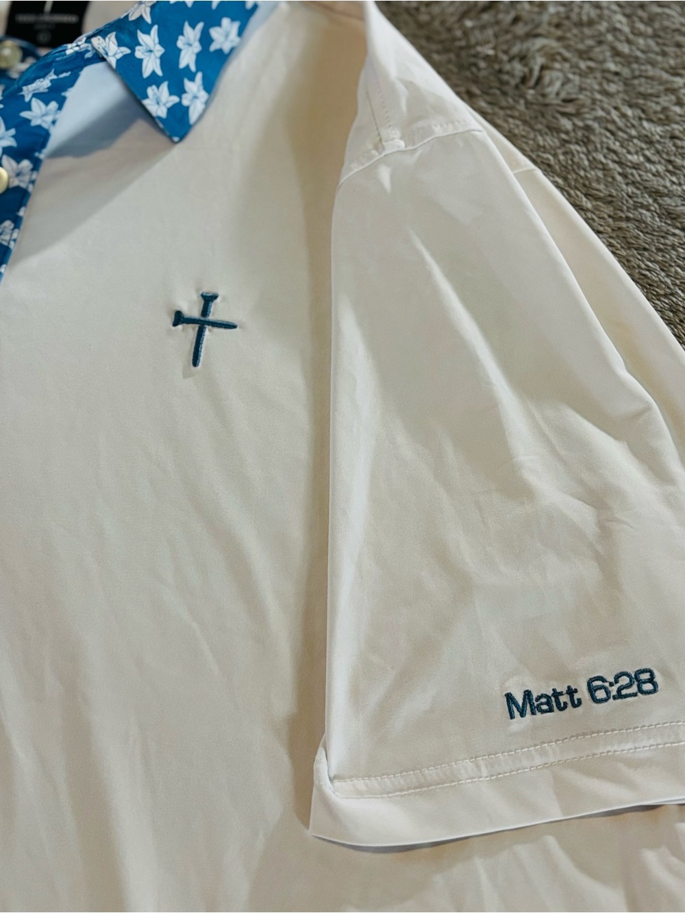 Crossed Tees White Golf Polo with Blue Floral Trim - Picture 3 of 6